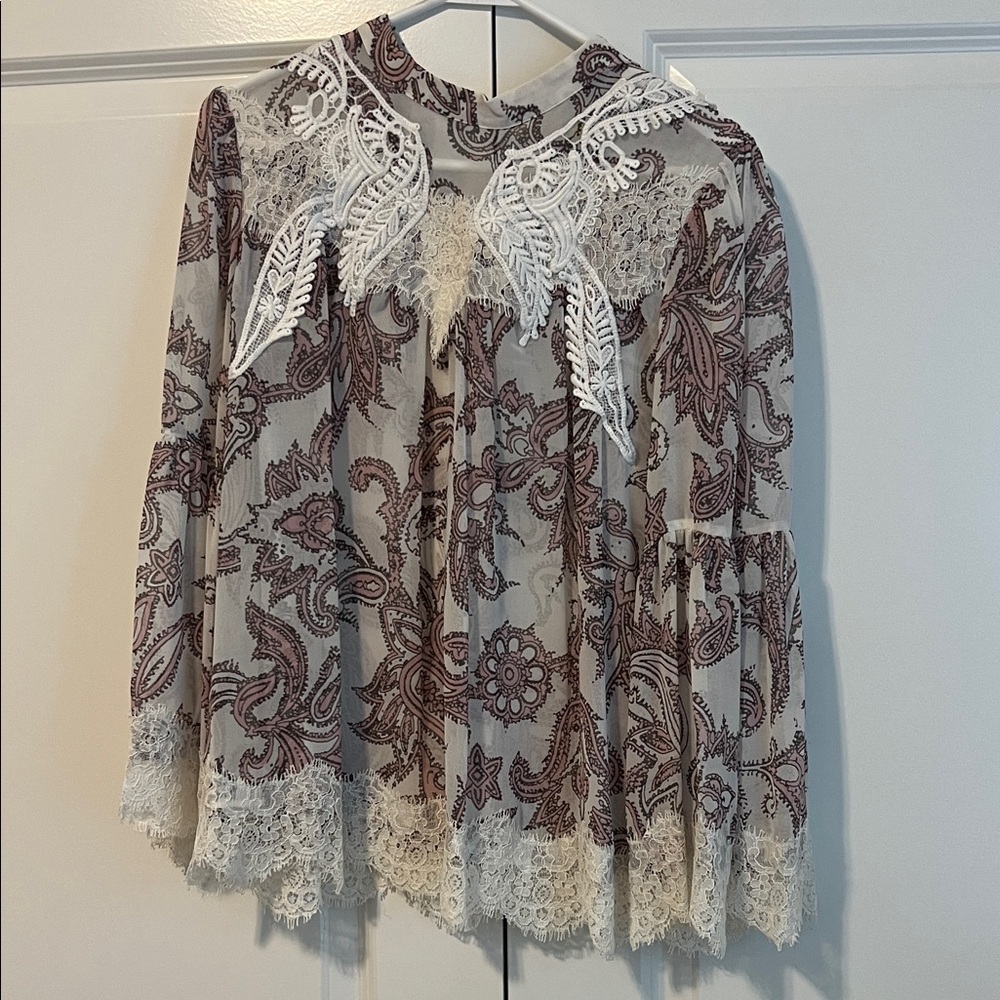 LOFT Lace Paisley Blouse in Brown and White